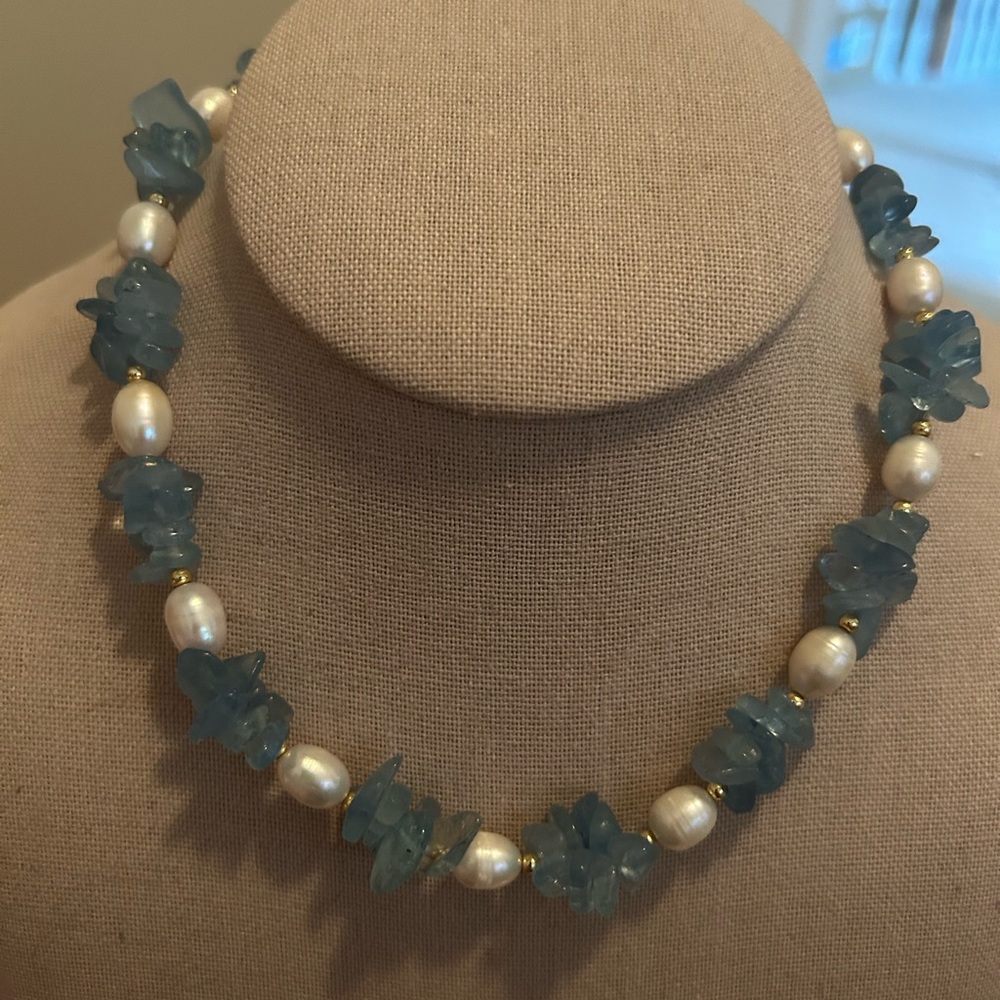 Handmade Blue Topaz and Pearl Necklace with Gold Accents